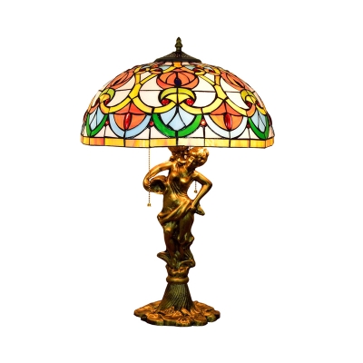 Bronze Bowl Night Table Lamp Victorian 3-Head Cut Glass Pull Chain Desk Light with Beaded Pattern and Woman Base