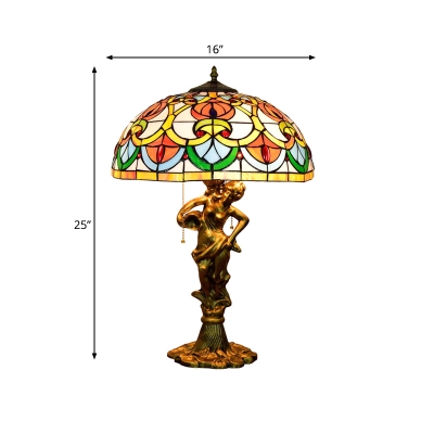 Bronze Bowl Night Table Lamp Victorian 3-Head Cut Glass Pull Chain Desk Light with Beaded Pattern and Woman Base