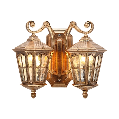Bronze Lantern Wall Sconce Lamp Countryside Water Glass 2 Lights Outdoor Wall Light