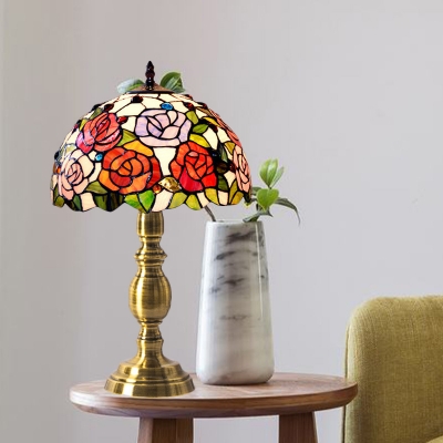 Brushed Brass 1-Light Table Lamp Tiffany Stained Glass Rosebush Night Light for Parlor
