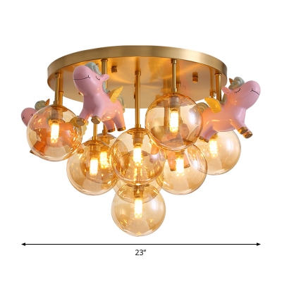 Bubble Amber Glass Semi Flush Chandelier Cartoon 9 Heads Gold Ceiling Mount Light wit Unicorn Drop