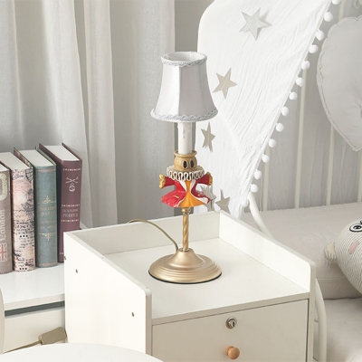 Candlestick Bedside Table Light Resin 1 Head Kids Nightstand Lamp with Straw Man Decor and Flared Fabric Shade in Gold