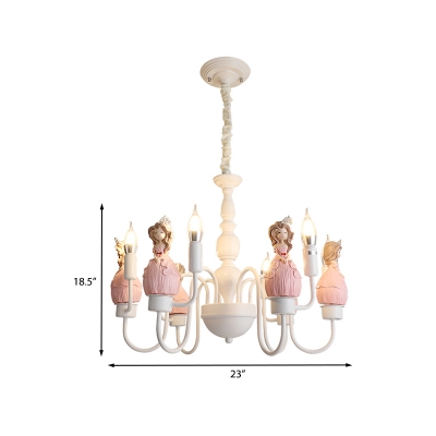 Cartoon Cinderella Resin Chandelier 6 Lights Hanging Pendant with Candle Design in White and Pink