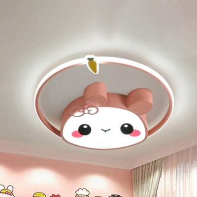 Cartoon Rabbit Kindergarten Flush Mount Acrylic Kids LED Ceiling Light Fixture in Pink/White for Bedroom