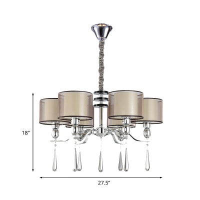 Chrome 6-Light Chandelier Countryside Fabric Dual Drum Shade Hanging Lamp with Crystal Drip