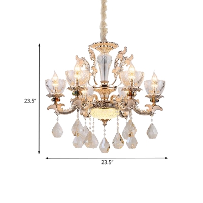 Clear Glass Gold Ceiling Chandelier Candelabra 6-Light Mid-Century Pendant with Crystal Drop