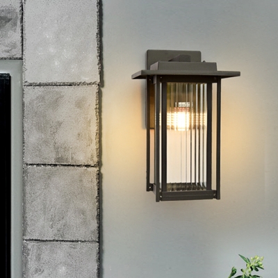 Clear Ribbed Glass Rectangle Wall Light Classic 1 Head Outdoor Wall Sconce in Black
