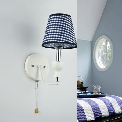 Cone Bedside Wall Lighting Ideas Checkered Fabric 1 Bulb Modernist Wall Light with Pull Chain in Blue