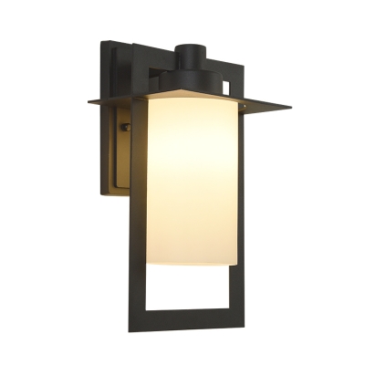 Cream Glass Black Wall Mounted Lamp Cylinder 1 Light Cottage Style Surface Wall Sconce with Metal Frame
