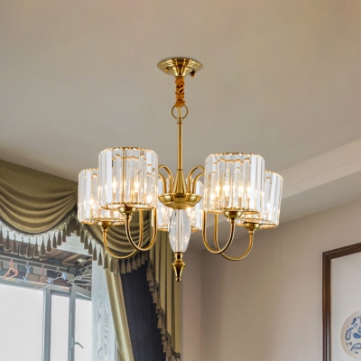 Cup Shade Dining Hall Up Chandelier Postmodern Ribbed Crystal 5-Light Gold Hanging Light Fixture