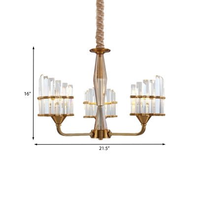 Curved Crystal Prism Chandelier Mid Century 3/6 Heads Living Room Pendant Ceiling Light in Gold