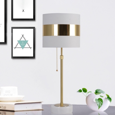Cylinder Pull-Chain Table Lamp Modern Fabric 1 Light White Night Lamp with Polished Gold Band