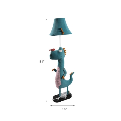 Dinosaur Standing Floor Light Cartoon Fabric 1 Bulb Living Room Floor Lamp in Blue with Bell Shade