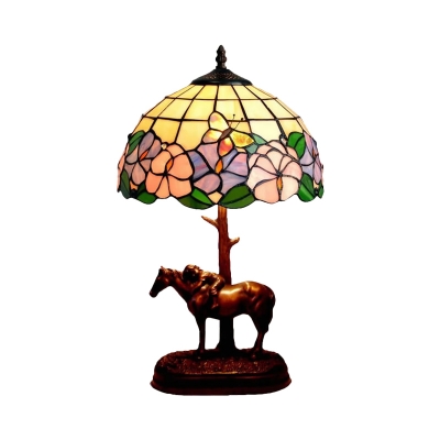 Dome Night Lamp 1-Head Cut Glass Mediterranean Petal Patterned Table Light in Coffee with Horse and Kid Deco