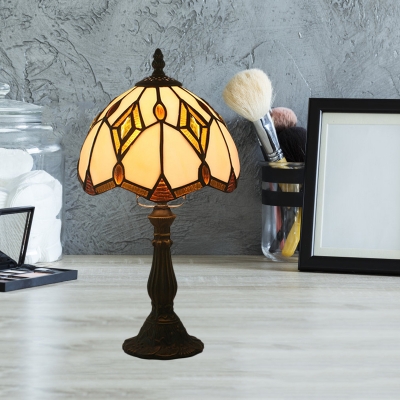 Dome Nightstand Lamp 1-Light Beige Glass Tiffany Style Table Light in Bronze with Geometric Pattern