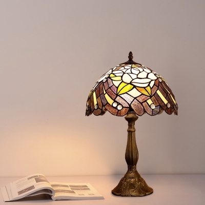 Dome Stained Glass Table Lamp Baroque 1 Head Red/Brown Flower Patterned Night Lighting for Bedroom