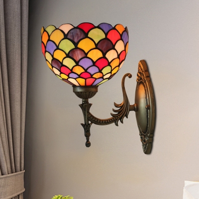 

Dots/Fish-Scale Wall Mount Lighting 1 Bulb Multicolored Stained Glass Tiffany Sconce Light in Bronze, HL629828