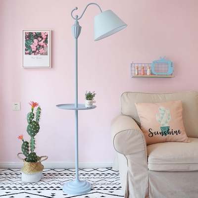 Fabric Barrel Standing Lamp Nordic 1-Bulb Pink/Yellow/Blue Stand Up Light with Storage Tray for Living Room