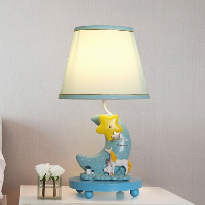 Fabric Cone Nightstand Light Countryside 1 Head Bedroom Table Lighting with Moon Pedestal in Blue