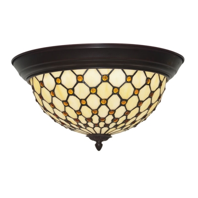 Fishscale Patterned Bowl LED Ceiling Lamp Tiffany-Style Beige Cut Glass Flush Light Fixture
