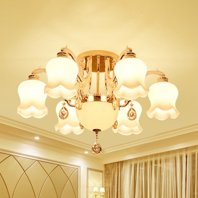 Floral Dining Room Semi Flush Chandelier Vintage Milk Matte Glass 4/7-Head Gold Ceiling Mount Lamp