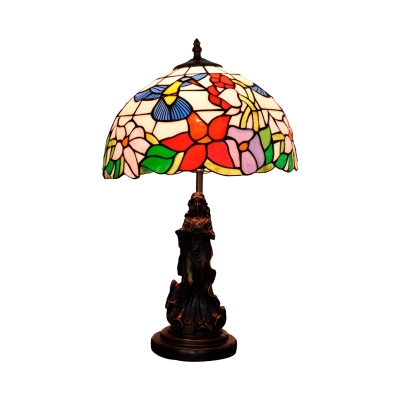 Flower Nightstand Lamp Victorian Stained Glass 1-Bulb Red/Beige Table Lighting with Design
