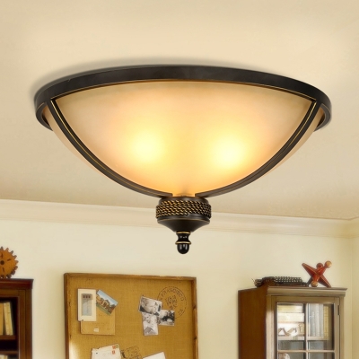 Frosted White Glass Bowl Flush Light Antiqued 3 Lights Dining Table Ceiling Flushmount Lamp with Black Band