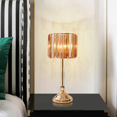 Gold Cylinder Night Lamp Traditional Crystal Block 1 Light Bedroom Nightstand Lighting