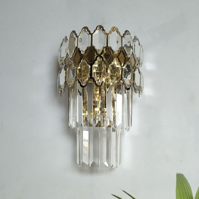 Gold Quatrefoil 3-Tier Flush Wall Sconce Vintage Crystal 2-Bulb Bedroom Wall Mount Light Fixture