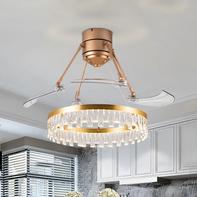 Gold Ring Pendant Fan Lamp Modern Crystal Block LED Semi Flush Lighting with 3 Clear Blades, 48