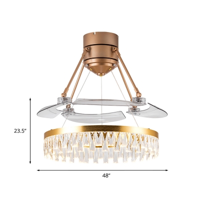 Gold Ring Pendant Fan Lamp Modern Crystal Block LED Semi Flush Lighting with 3 Clear Blades, 48