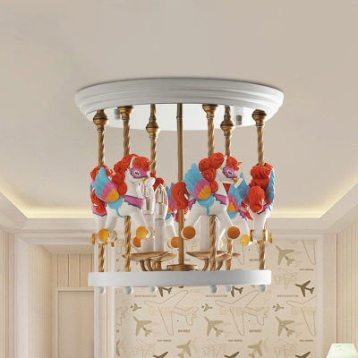 Hand Painted Unicorn Carouse Semi Flush Kids Style Resin 4-Light Blue/Pink/Red Ceiling Mount Chandelier