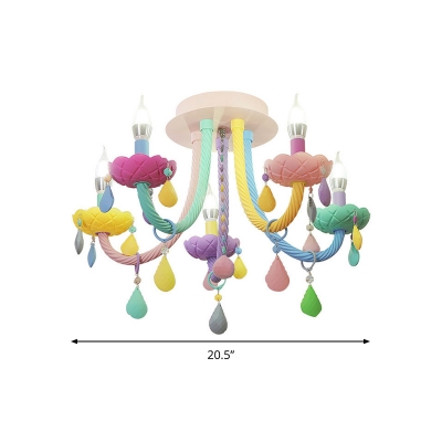 Iron Candelabra Flush Chandelier Macaron 5/6 Heads Multi-Color Semi Mount Lighting with Stained Glass Drop