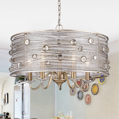 Iron Wire Wrapped Drum Chandelier Rural 5-Head Bedroom Suspension Lighting in Antiqued Gold
