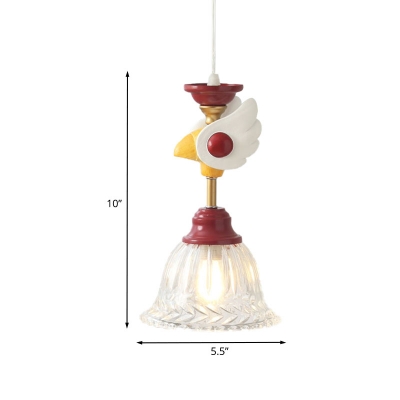 Kids Bell Clear Glass Drop Pendant 1-Bulb Hanging Ceiling Light with Bird/Globe Top in Red