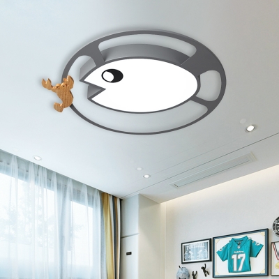Kids Style Fish and Shrimp Flush Light Acrylic Bedroom LED Ceiling Mount Fixture in Grey/White/Green and Wood
