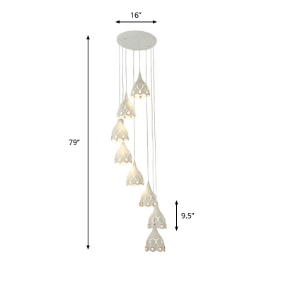 Laser Cut Scalloped Cluster Pendant Nordic Metal 8 Heads White Hanging Ceiling Light for Stair