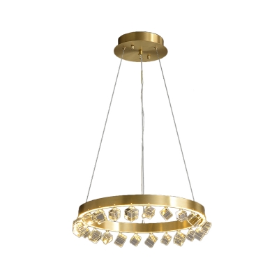 Luxurious Loop Pendant Chandelier Cubic Crystal LED Ceiling Hang Fixture in Gold for Kitchen