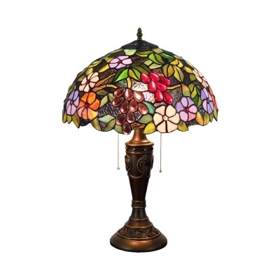 Mediterranean Bowl Night Lamp 2-Head Stained Glass Pull Chain Desk Light in Brown/White and Brown with Grape Pattern