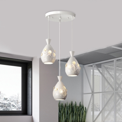 Metal Etched Teardrop Hanging Ceiling Light Minimalist 3-Light White Cluster Pendant with Inserted Crystal