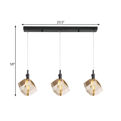 Modern Cubic Multi Pendant Light Fixture Faceted Crystal 3 Bulbs Dining Room Drop Lamp in Black