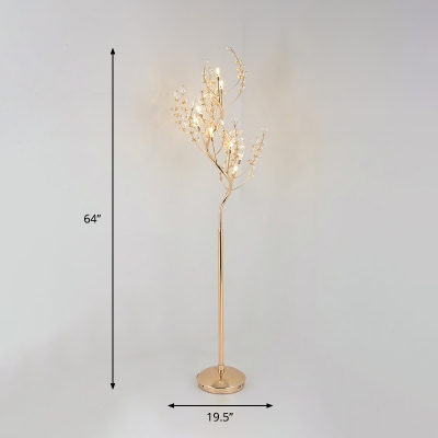 Modernist Branching Floor Light 9-Head Crystal Beading Stand Up Lamp in Gold for Living Room