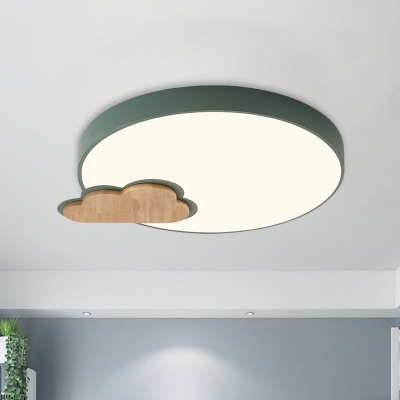 Nordic Full Moon and Cloud Flush Light Acrylic Bedroom LED Ceiling Lighting in Grey/Green and Wood, Warm/White Light