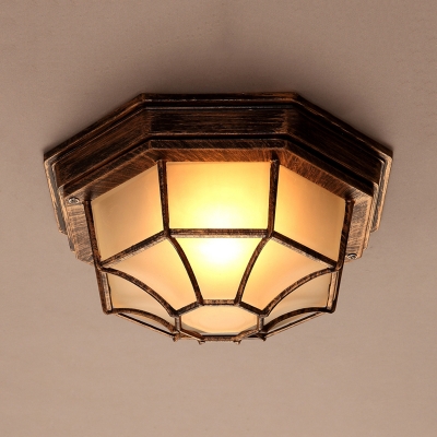 Octagon Frosted Glass Flush Light Retro 1 Bulb Hallway Flush Mount in Bronze with Geometric Cage