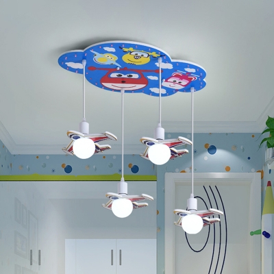 Painted Jet Cluster Pendant Cartoon MDF 4 Lights Bedroom Ceiling Suspension Lamp in Blue