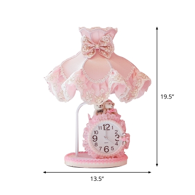 Pastoral Goffered Frill Night Light Single Fabric Table Lamp with Clock in Pink for Girl's Room