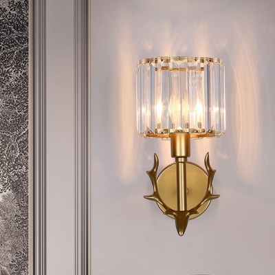 Postmodern Cup Shade Wall Sconce 1-Light Prismatic Crystal Wall Mount Fixture with Antler Detail in Gold