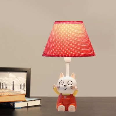 Resin Kitten Nightstand Lamp Cartoon 1 Bulb Red/Blue Table Lighting with Spot/Letter Printed Shade