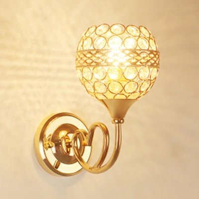 Retro Spherical Wall Mount Light 1-Bulb Crystal Wall Sconce Lamp in Gold with Gooseneck Arm