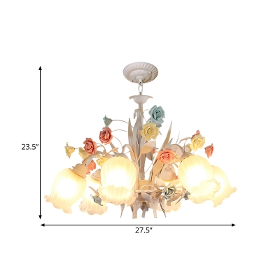Romantic Pastoral Bloom Pendant 3/6 Heads White Glass Chandelier Light Fixture for Living Room